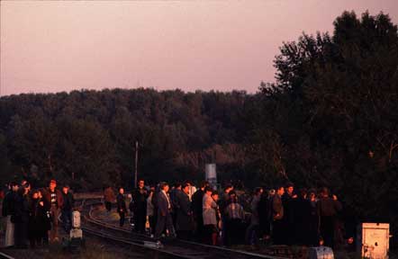 Menschengruppe auf Bahngleisen in Waeldchen